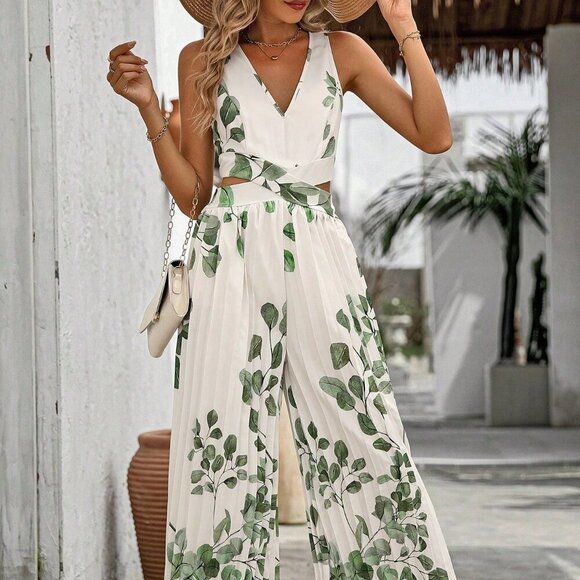 Multicolor Boho Women's V-Neck Plant Printed Pleated Jumpsuit - Picture 5 of 7
